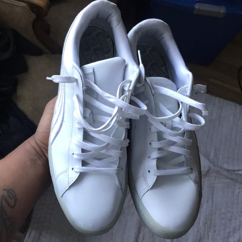 All white puma sneakers